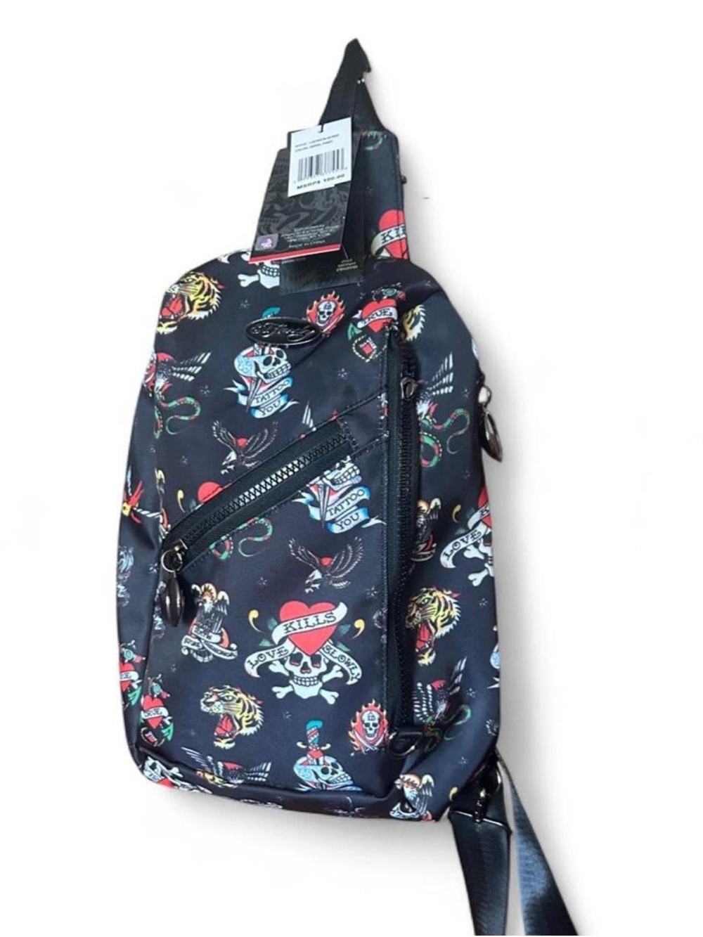 Vintage Ed Hardy Sling Backpack Black With Tattoo inspired skulls, hearts, eagle